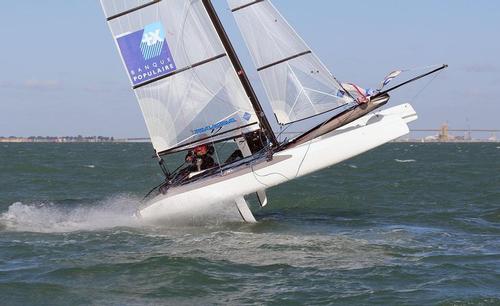 Nacra 17 Belly Besson - riding the horse at the bottom mark - La Semaine Olympique Française de Voile 2013 © Sail-World.com http://www.sail-world.com